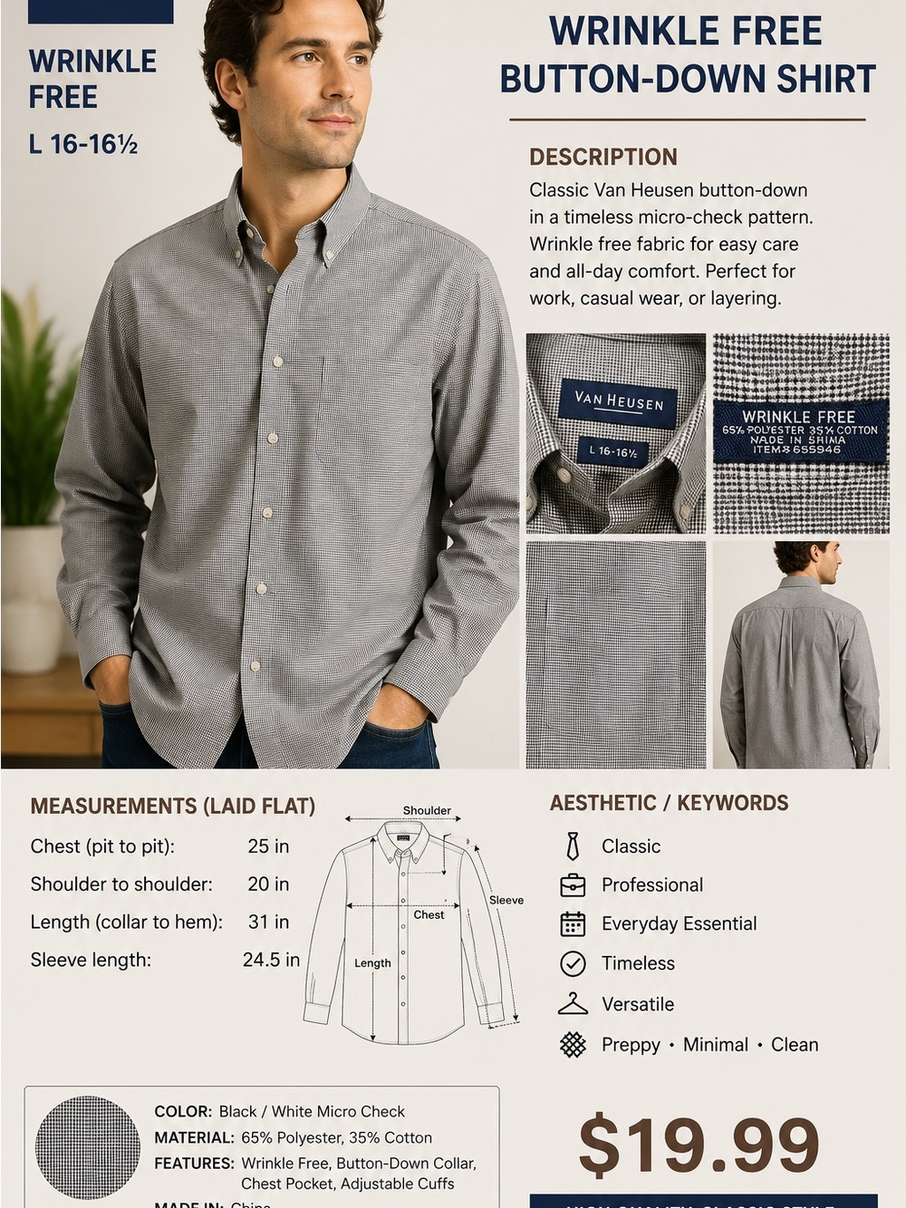 Van Heusen Men's Button-Down Shirt - Light Gray Pattern